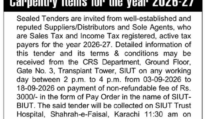 BIUT Tender No. 077 for Supply of AC Spare Parts and Carpentry Items 2026-27