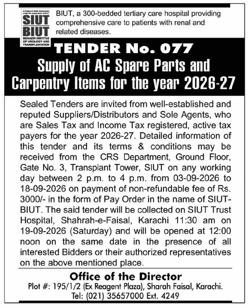 BIUT Tender No. 077 for Supply of AC Spare Parts and Carpentry Items 2026-27