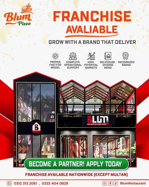 Blum Pizza Franchise Opportunity Available Nationwide Except Multan