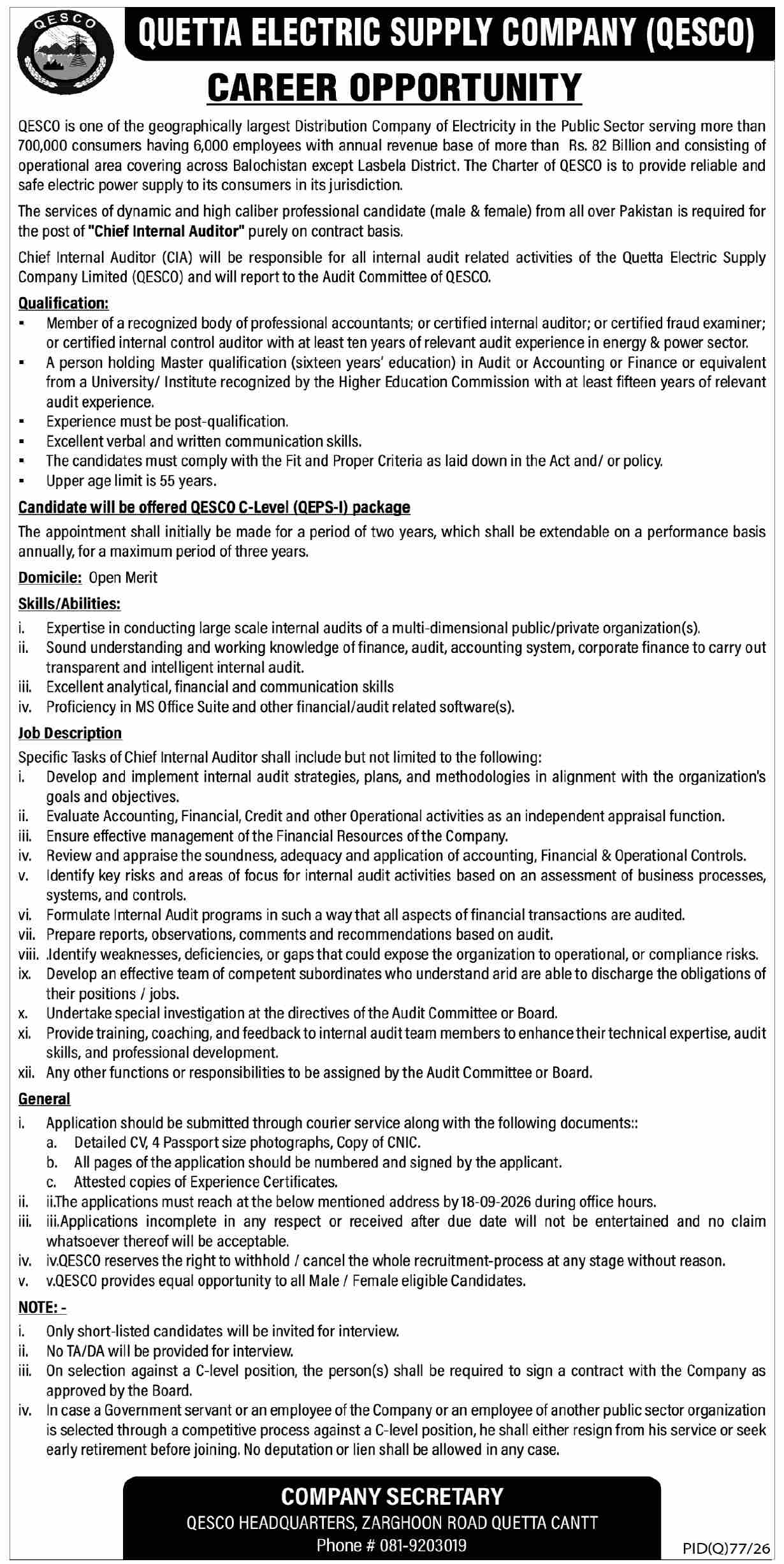 Chief Internal Auditor Job at Quetta Electric Supply Company (QESCO)