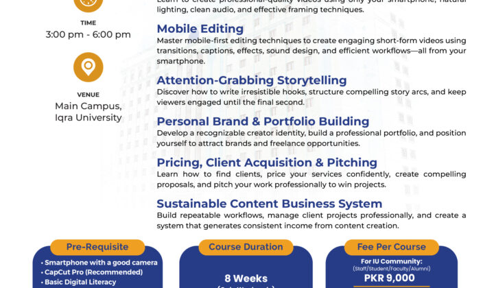 Iqra University Content Creation 360 Short Course Batch-V – Apply by 28th September 2026