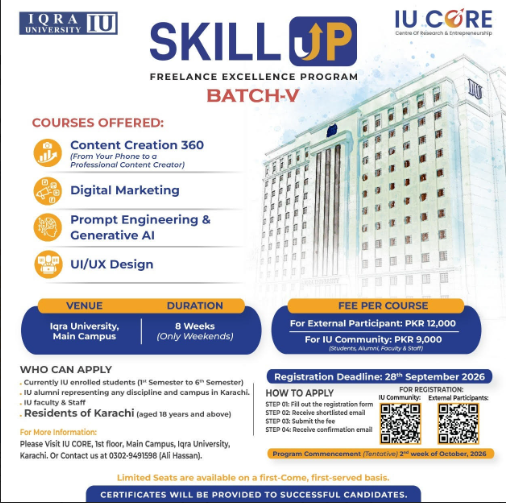 Iqra University SKILL UP Freelance Excellence Program Batch-V Registration 2026