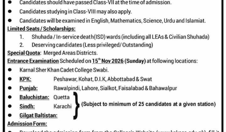 Karnal Sher Khan Cadet College Swabi Class 8th/O-Level Admissions 2027