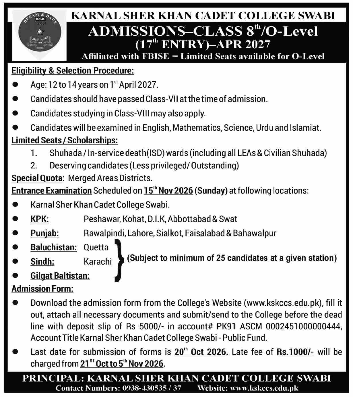 Karnal Sher Khan Cadet College Swabi Class 8th/O-Level Admissions 2027