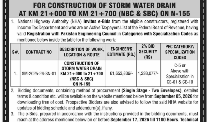 NHA e-Bids for Storm Water Drain Construction on N-155, Contract SM-2025-26-SN-01