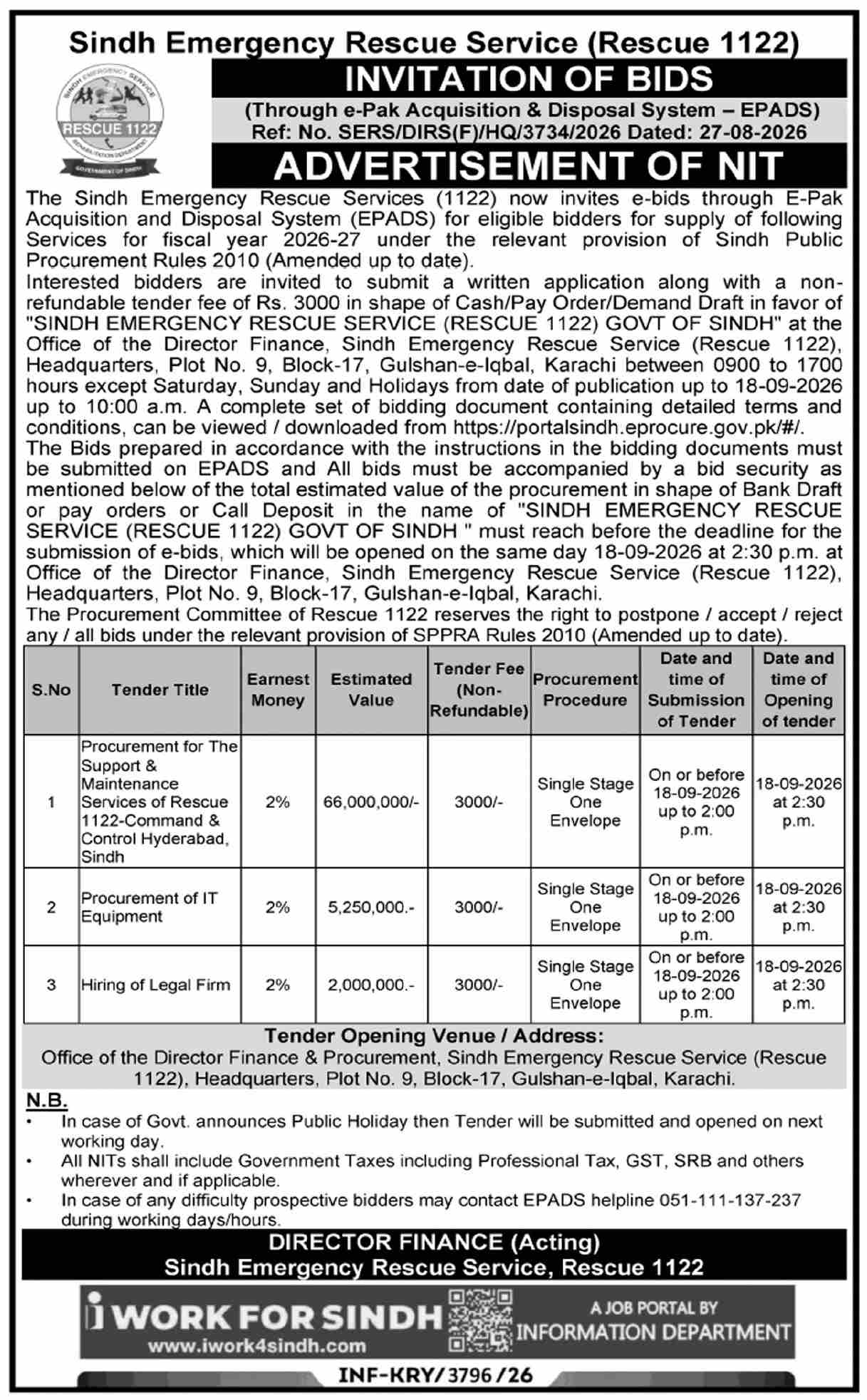 Sindh Emergency Rescue Service (Rescue 1122) NIT 2026 for IT Equipment, Support Services and Legal Firm