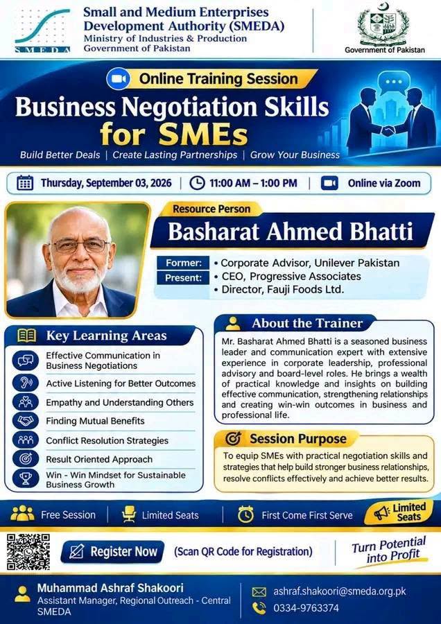SMEDA Online Training Session: Business Negotiation Skills for SMEs