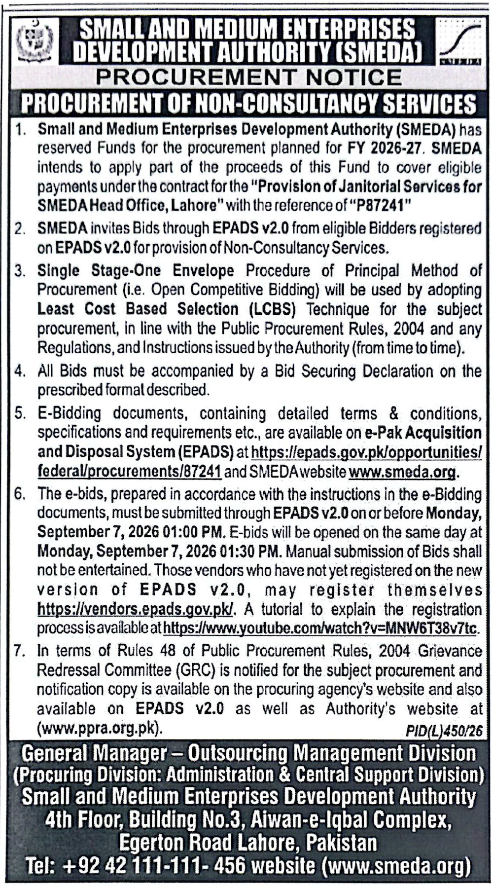 SMEDA Tender for Janitorial Services at Head Office Lahore – P87241
