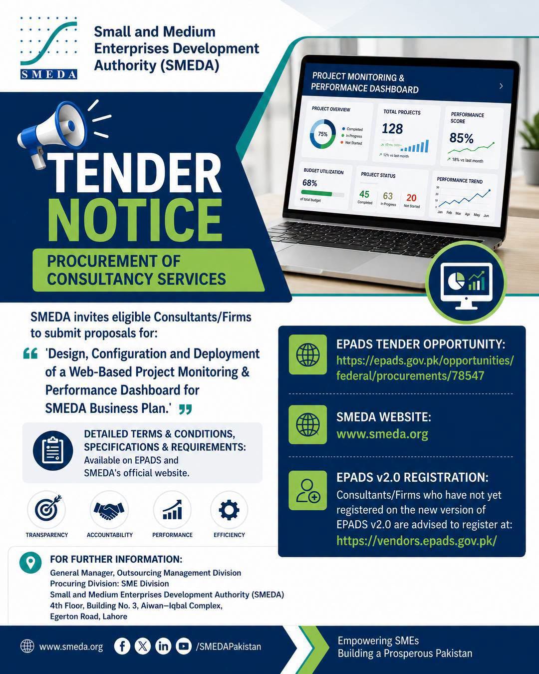 SMEDA Tender for Web-Based Project Monitoring and Performance Dashboard Consultancy