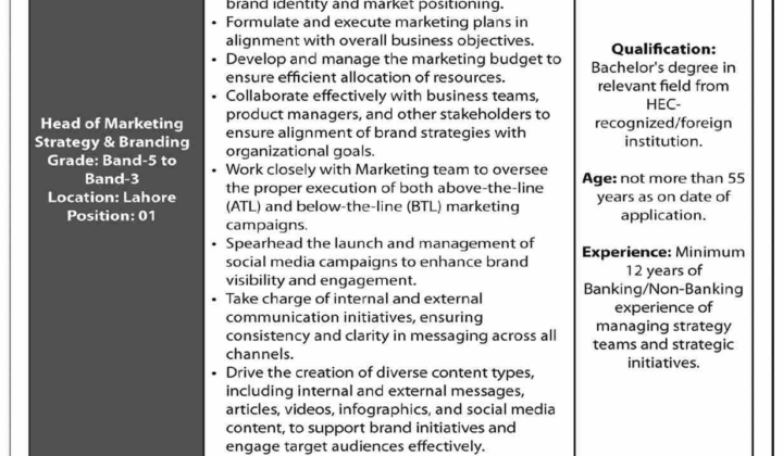 The Bank of Punjab Head of Marketing Strategy & Branding Job in Lahore
