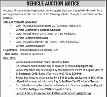 Vehicle Auction Notice for Toyota Corolla, Fortuner and Hilux Revo